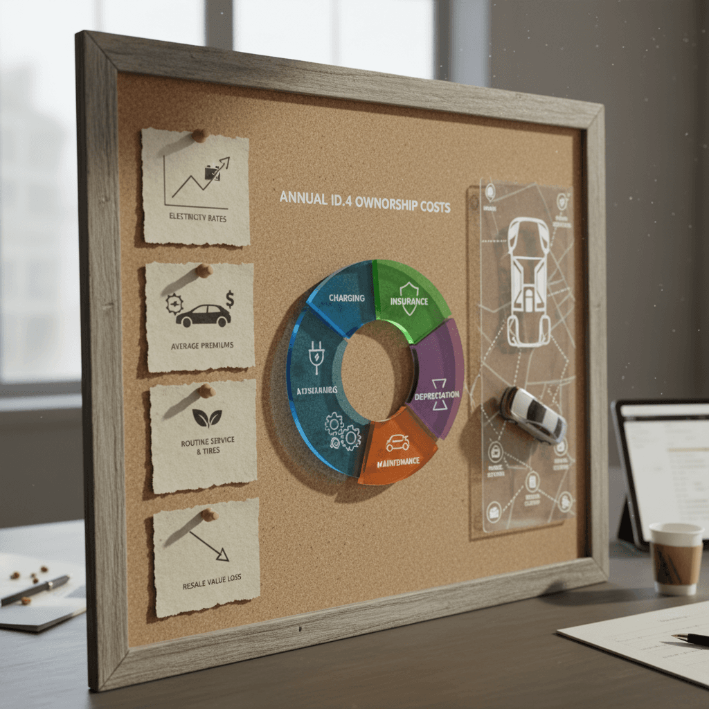 Illustrated breakdown of yearly Volkswagen ID.4 costs, highlighting electricity, insurance, maintenance, and depreciation