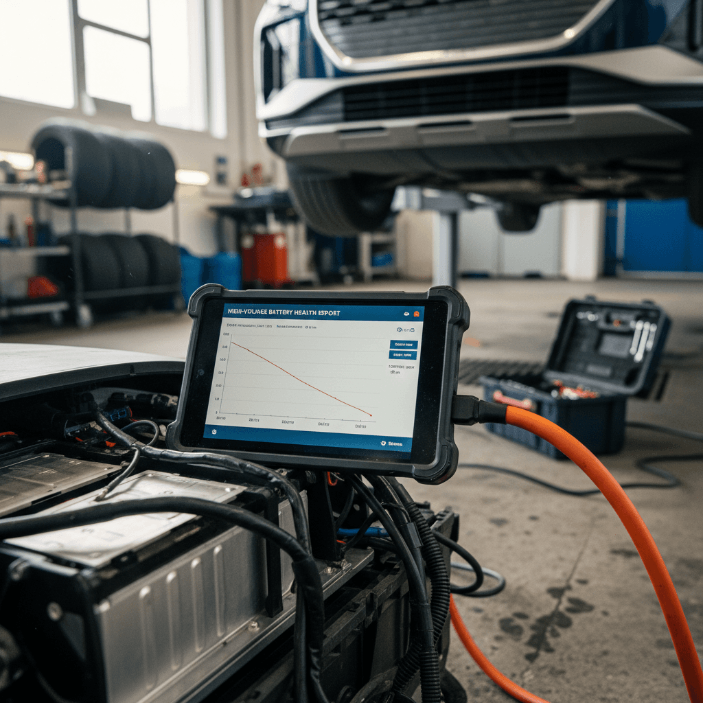 Technician using a diagnostic tablet to check Audi Q4 e-tron high-voltage battery health in a service bay