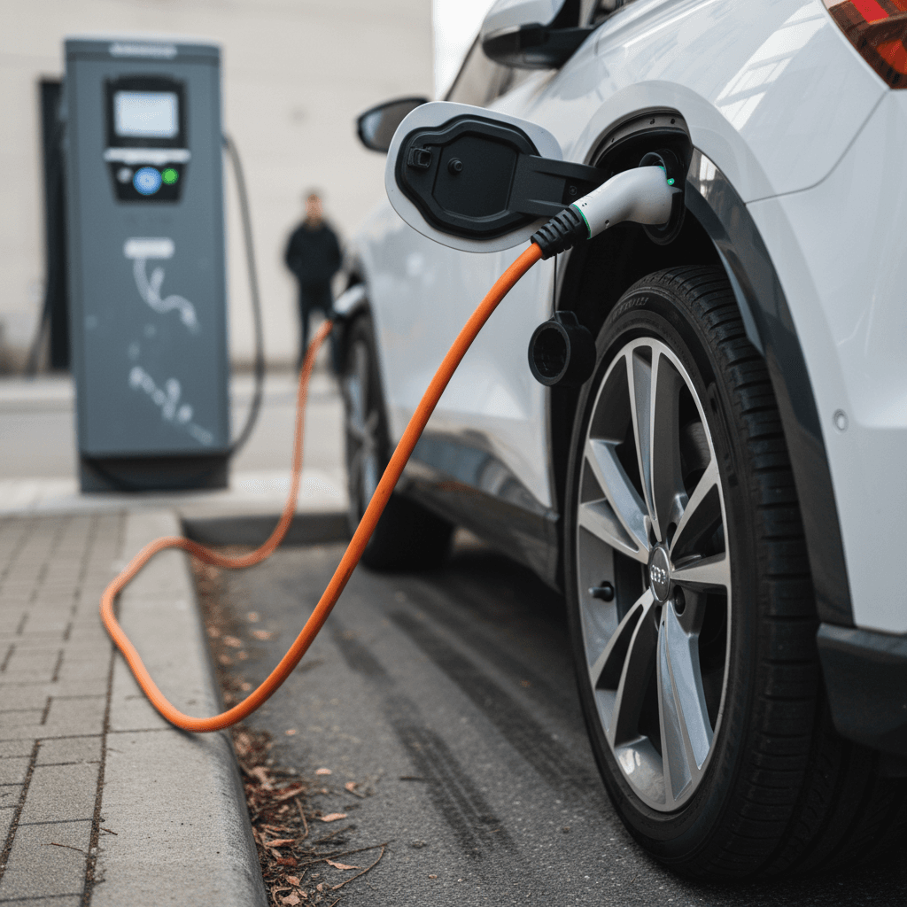 Detail of a 2025 Audi Q4 e-tron plugged into a public DC fast charger
