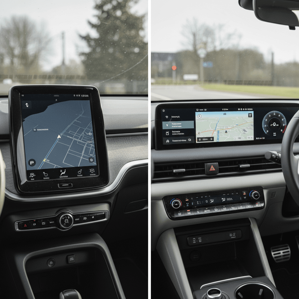 Side-by-side dashboards of a Volvo EX30 and Hyundai Ioniq 5 showing range estimates and navigation on their central screens.