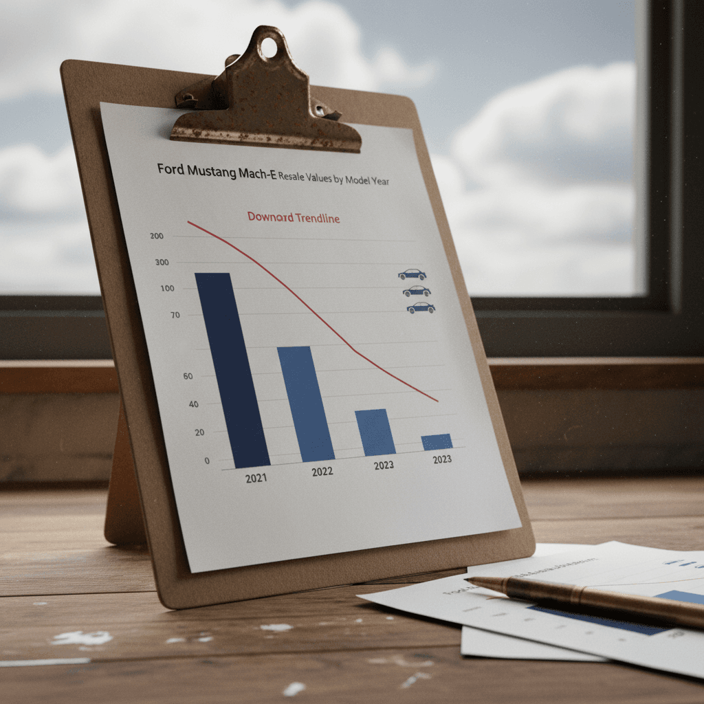 Line chart showing Ford Mustang Mach‑E resale values trending downward by model year, with the curve flattening after year three