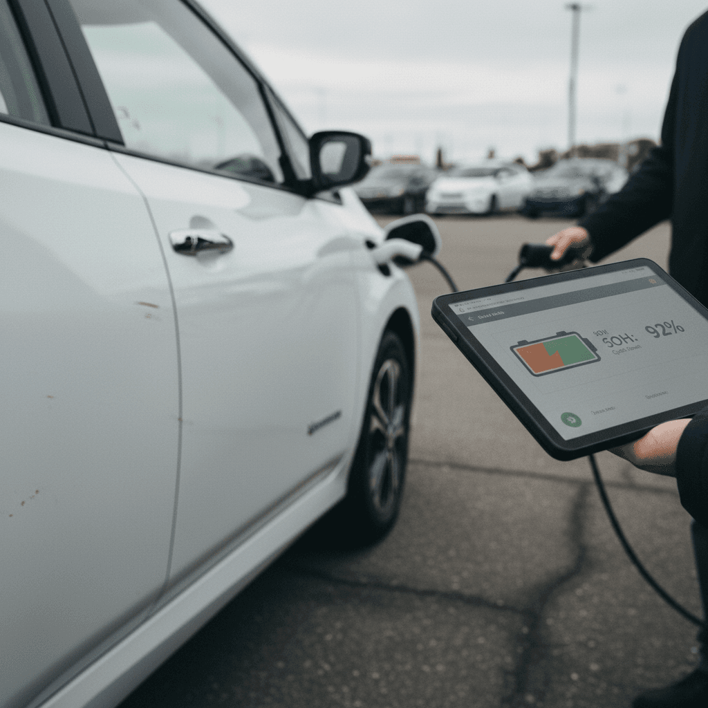 Shopper inspecting a certified pre-owned electric car at a dealership lot