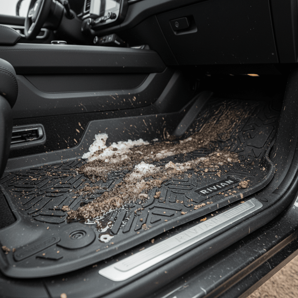 Close-up of custom all-weather floor mats installed in a Rivian R1T, showing raised edges and channels filled with mud and melted snow