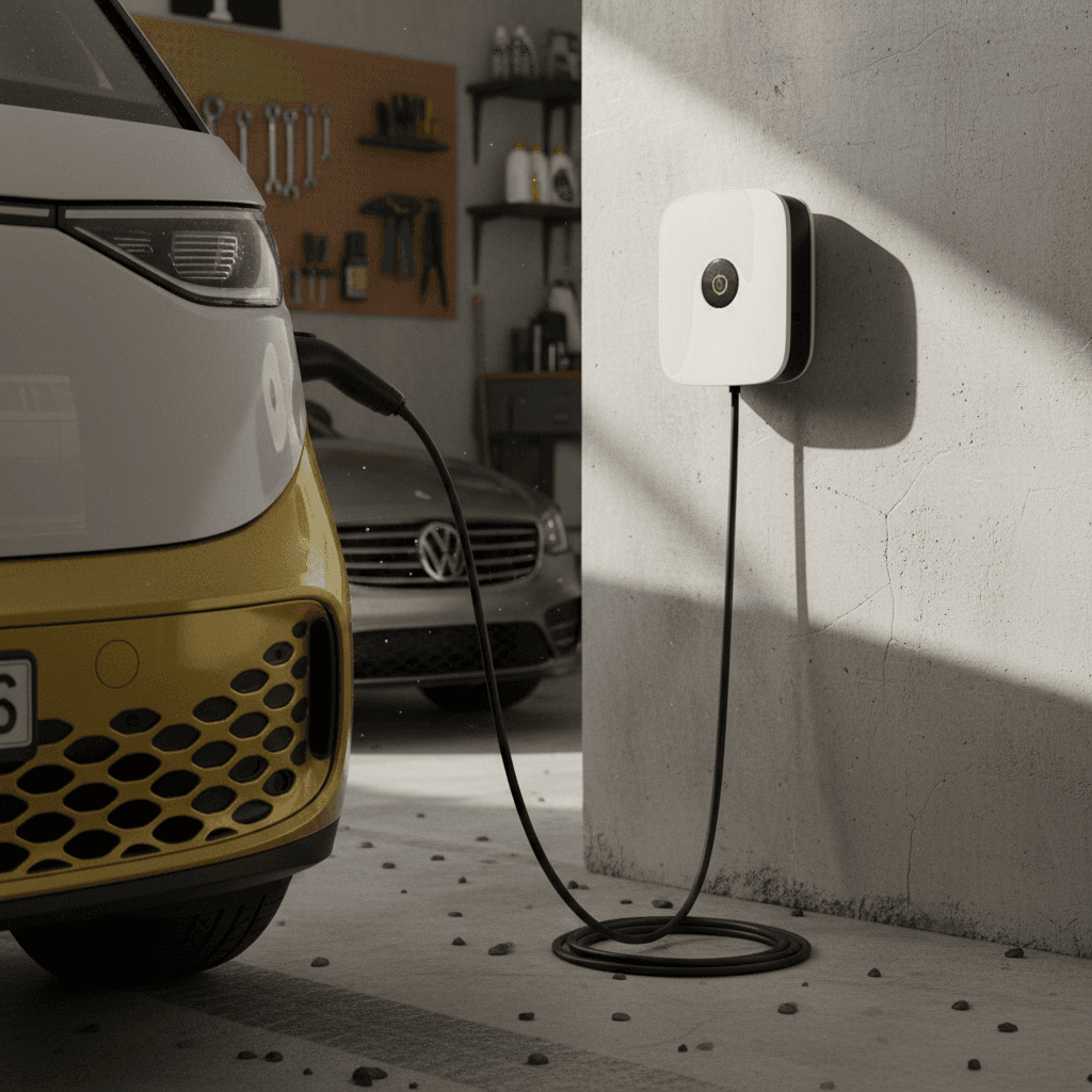 Volkswagen ID. Buzz plugged into a Level 2 charger in a clean home garage