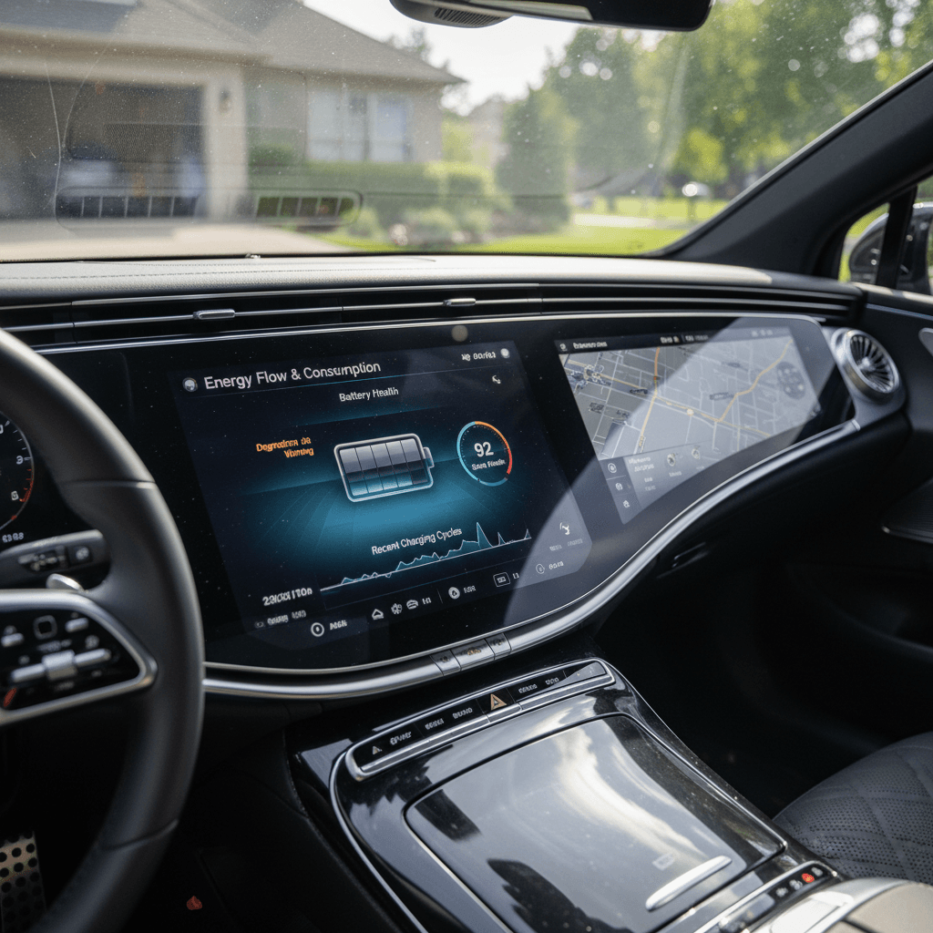 Mercedes EQS dashboard showing estimated range and battery state of charge