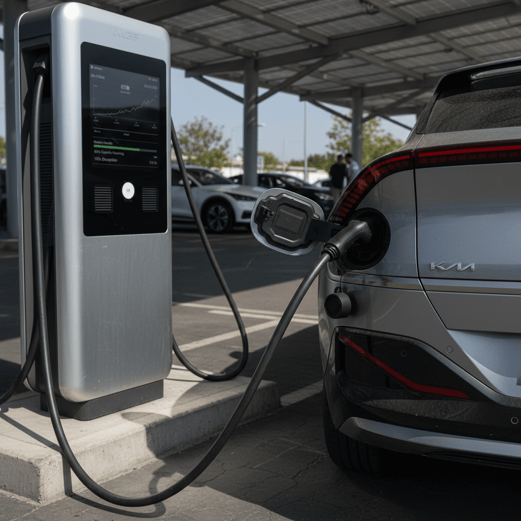 Kia EV6 plugged into a DC fast charger at a modern charging station