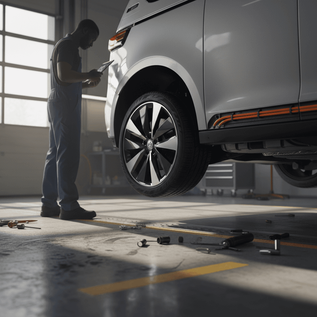 Technician inspecting a Volkswagen ID. Buzz in a service bay, focusing on the wheels and suspension components