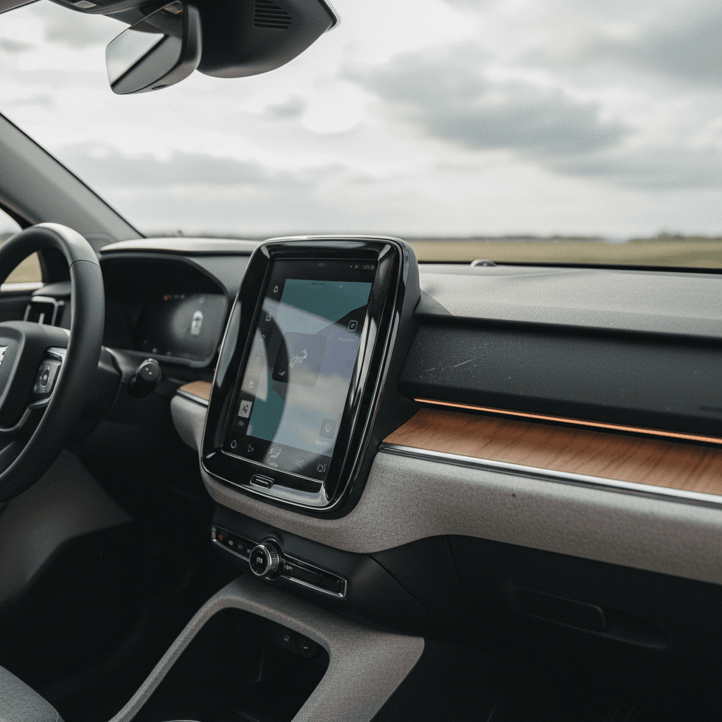 Minimalist Volvo EX30 interior with large central touchscreen and slim steering wheel
