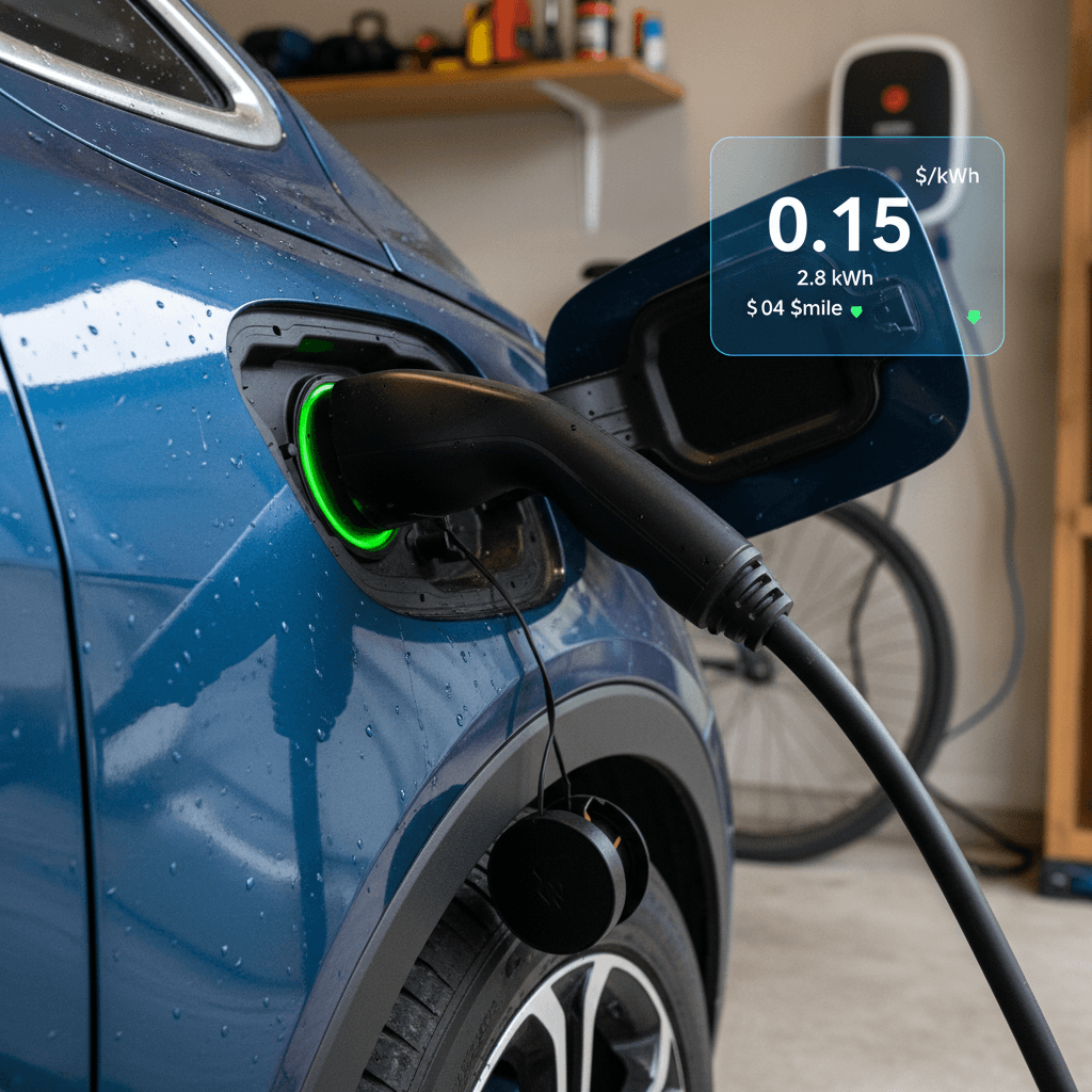 Chevrolet Bolt EV plugged into a Level 2 home charger while electricity cost per kWh is shown on a smartphone utility app