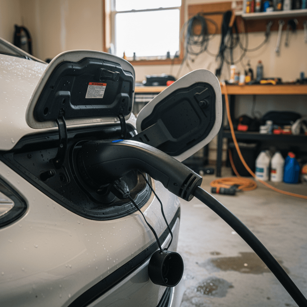 Chevrolet Bolt EV charging at a home Level 2 station in a suburban driveway