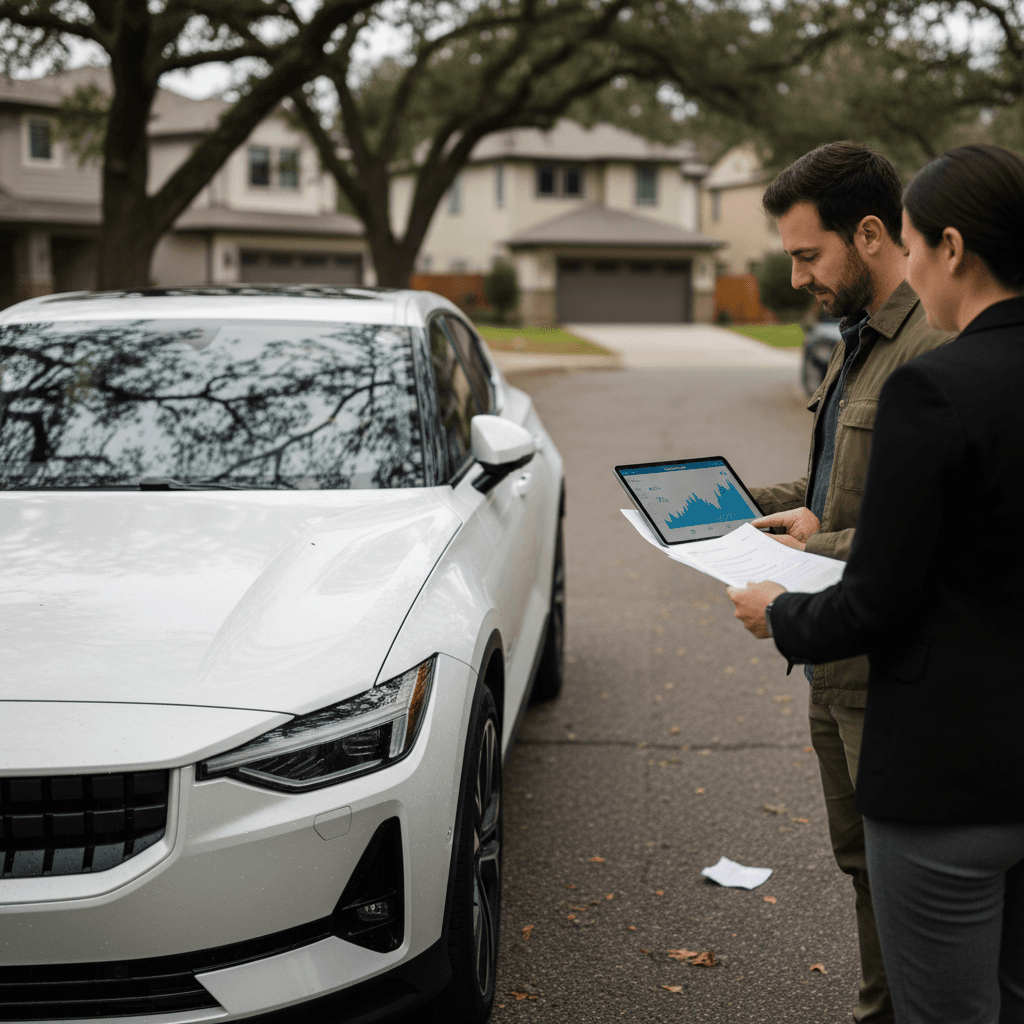 Family-friendly Polestar 3 electric SUV parked in a driveway, emphasizing safety and practicality