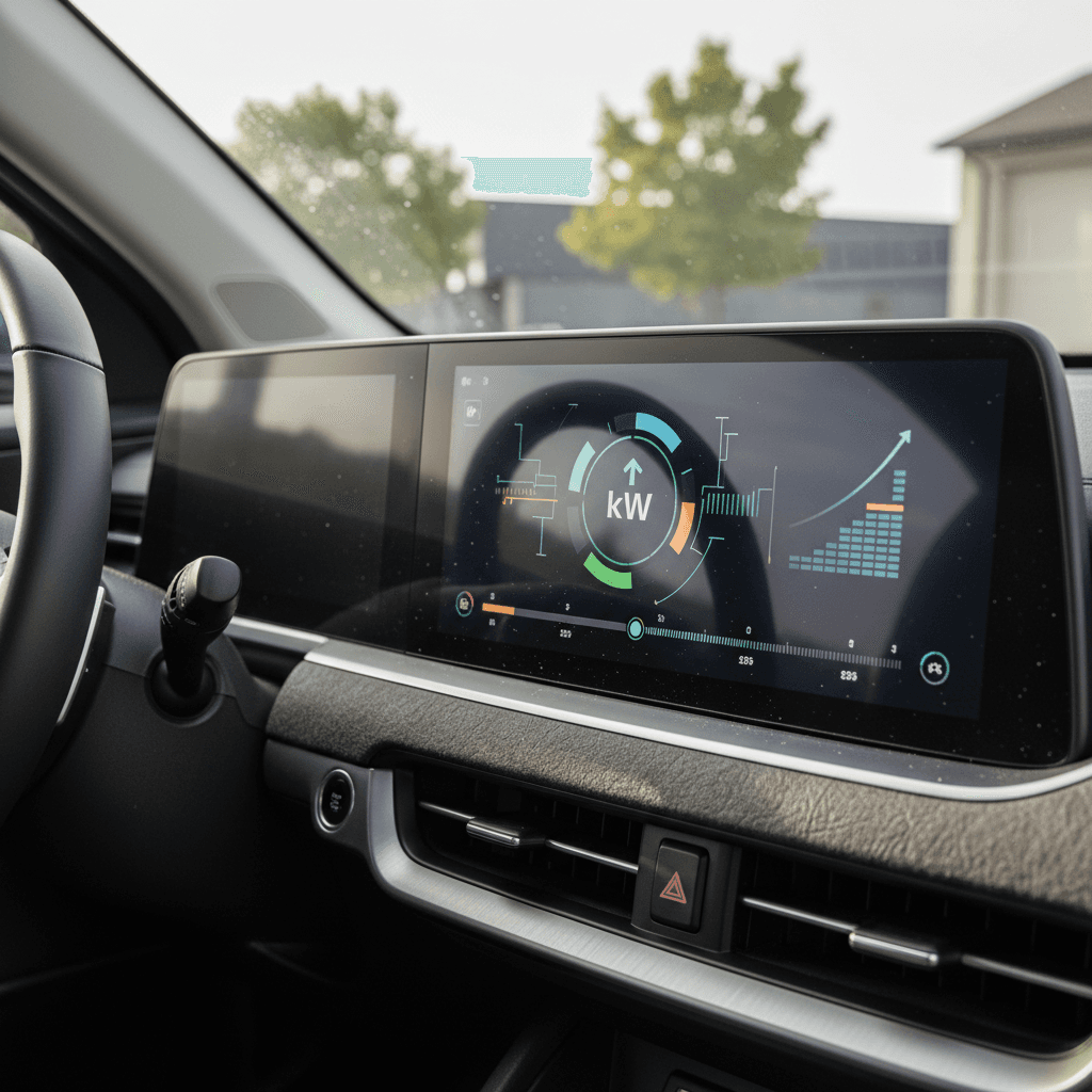 Kia EV9 charging session display showing power in kW, time in minutes, and battery state of charge climbing steadily