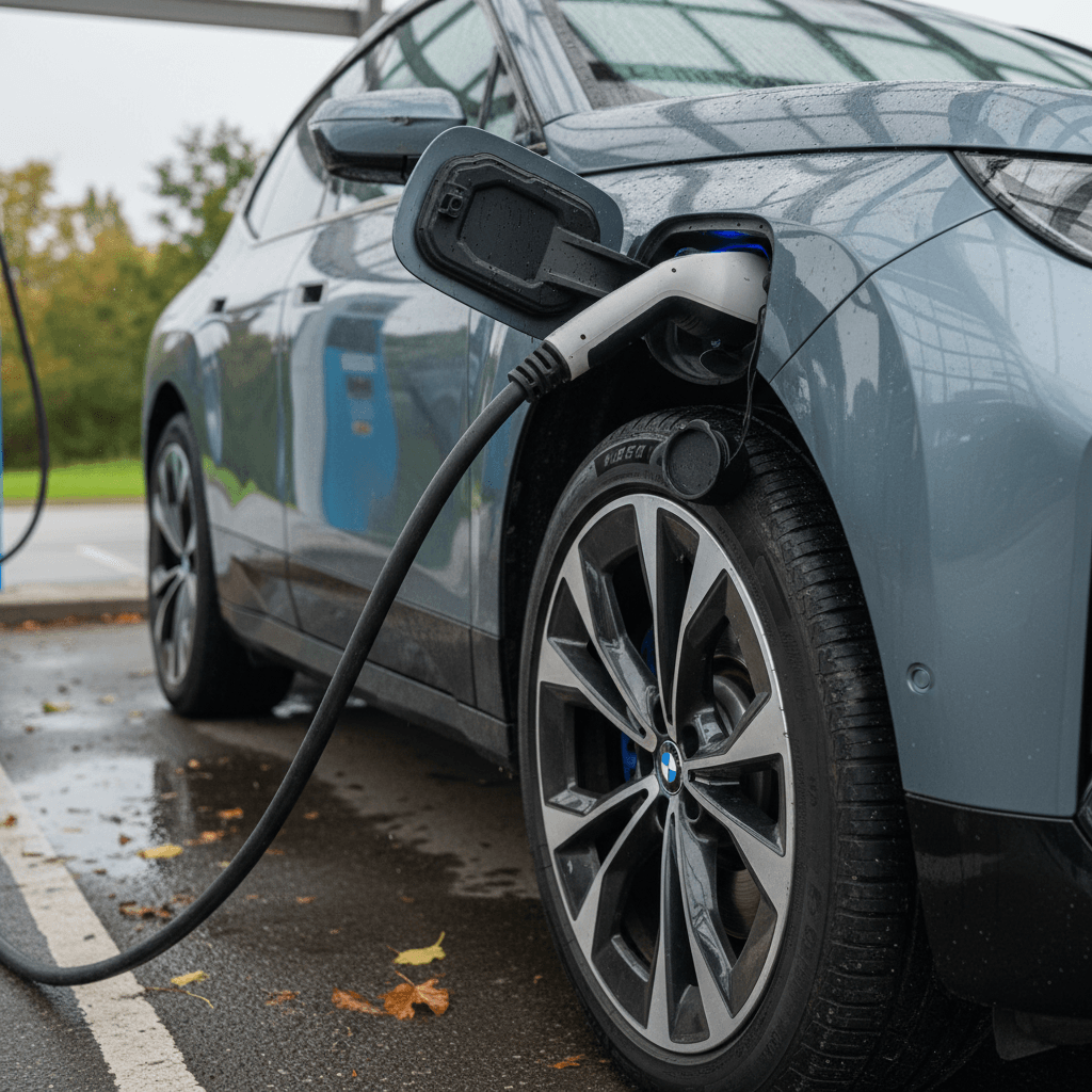 BMW iX plugged into a DC fast charger showing charge status on the display
