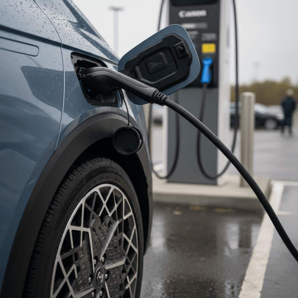 Close-up of a 2025 Hyundai Ioniq 5 charging at a DC fast charger, showing the wheel, charge port door, and cable