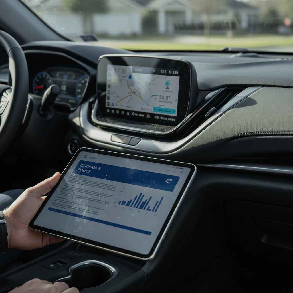 Chevrolet Equinox EV owner reviewing auto insurance options on a tablet inside the vehicle