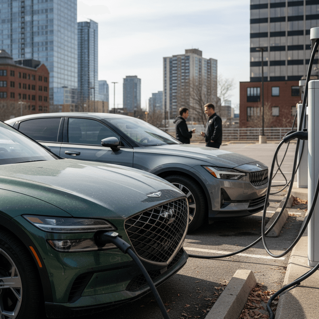 A Genesis GV60 and a Polestar 2 plugged into adjacent DC fast chargers at a modern charging plaza