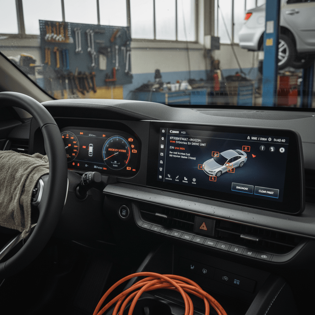 Kia EV9 digital instrument cluster and center screen showing system alerts while parked at a service bay