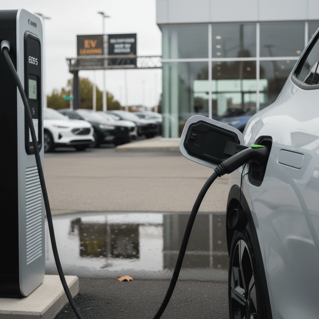 Row of new electric vehicles plugged in at a dealership charging area