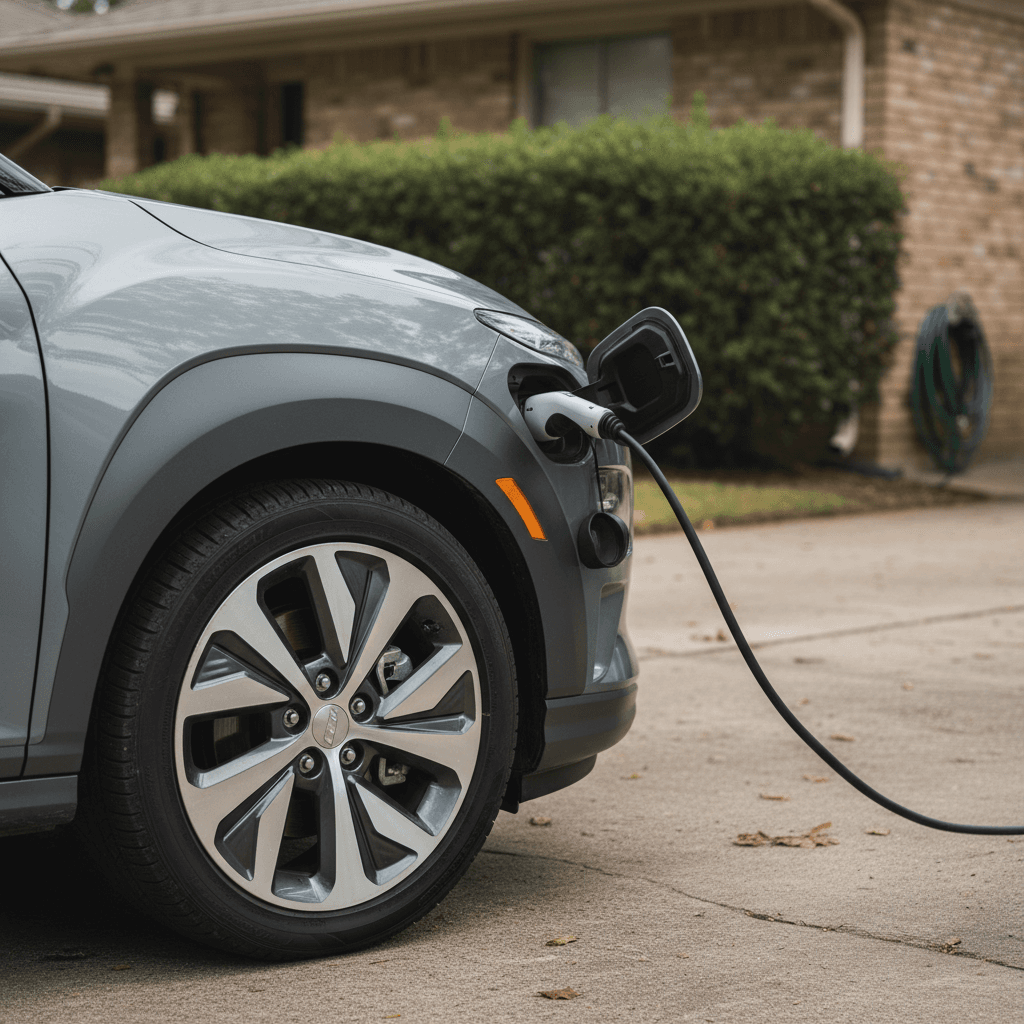 Close view of a 2023 Hyundai Kona Electric charging in a driveway, highlighting the wheel and charge port area