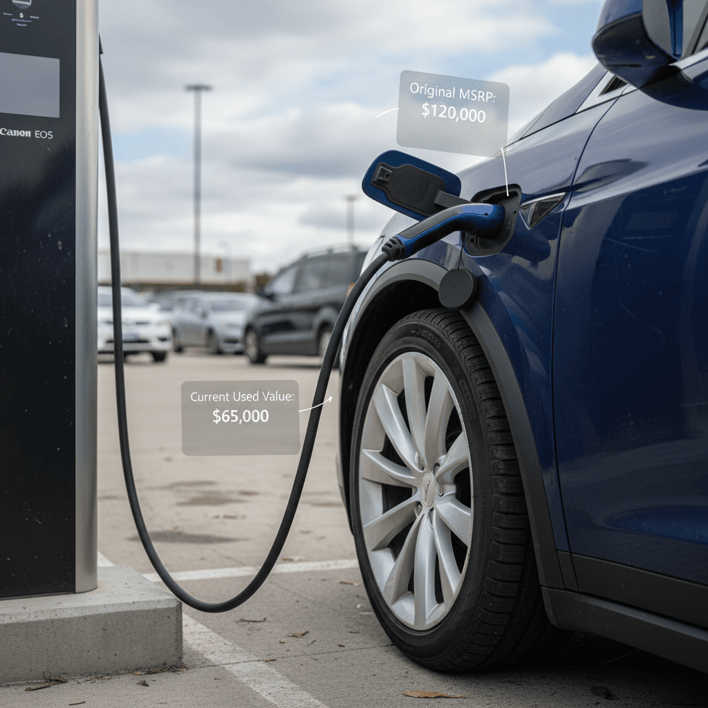Three-year-old Tesla Model X charging, illustrating used EV value and depreciation over time