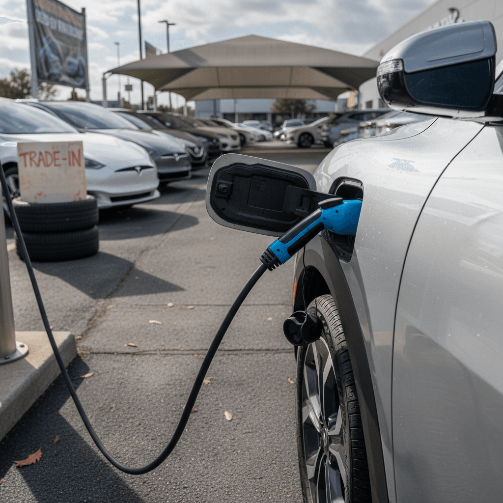 Owner reviewing a Kia Niro EV battery health and range report while checking resale value online