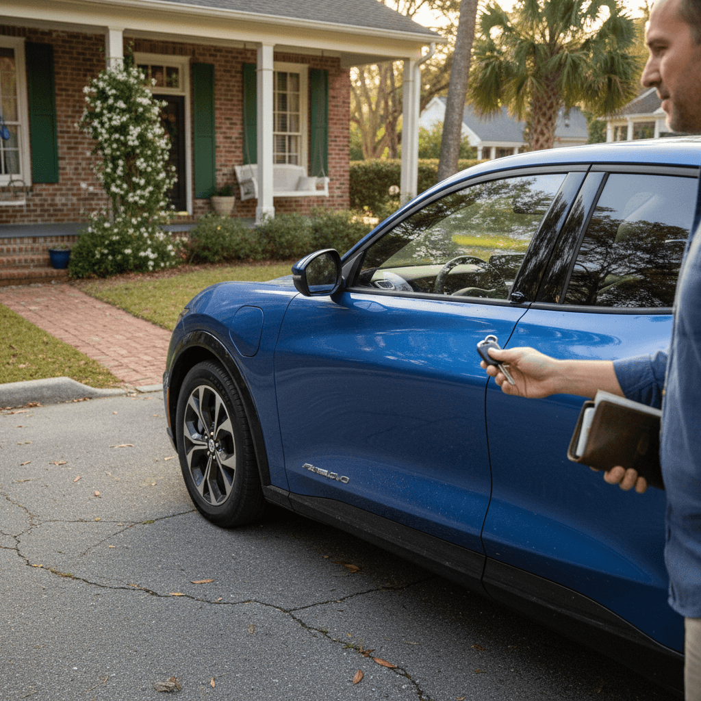 Seller in South Carolina handing keys of a Ford Mustang Mach-E to a buyer in a residential neighborhood