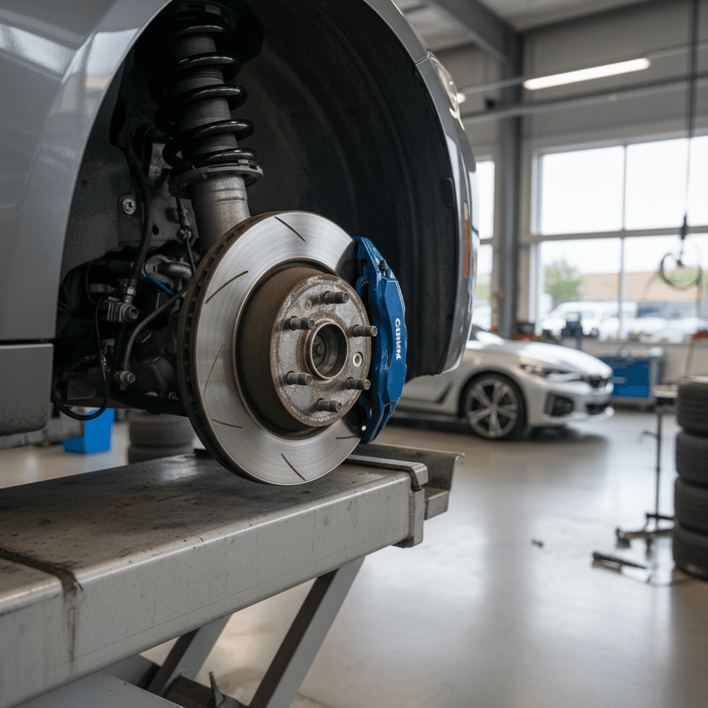 BMW i4 on a lift in a service bay with a technician inspecting the brakes and wheels