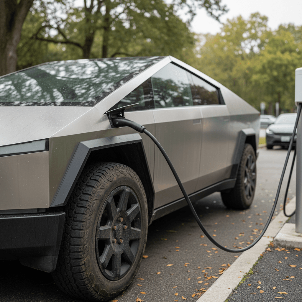 Used 2024 Tesla Cybertruck fast charging at a Supercharger station, close-up of truck and pedestal