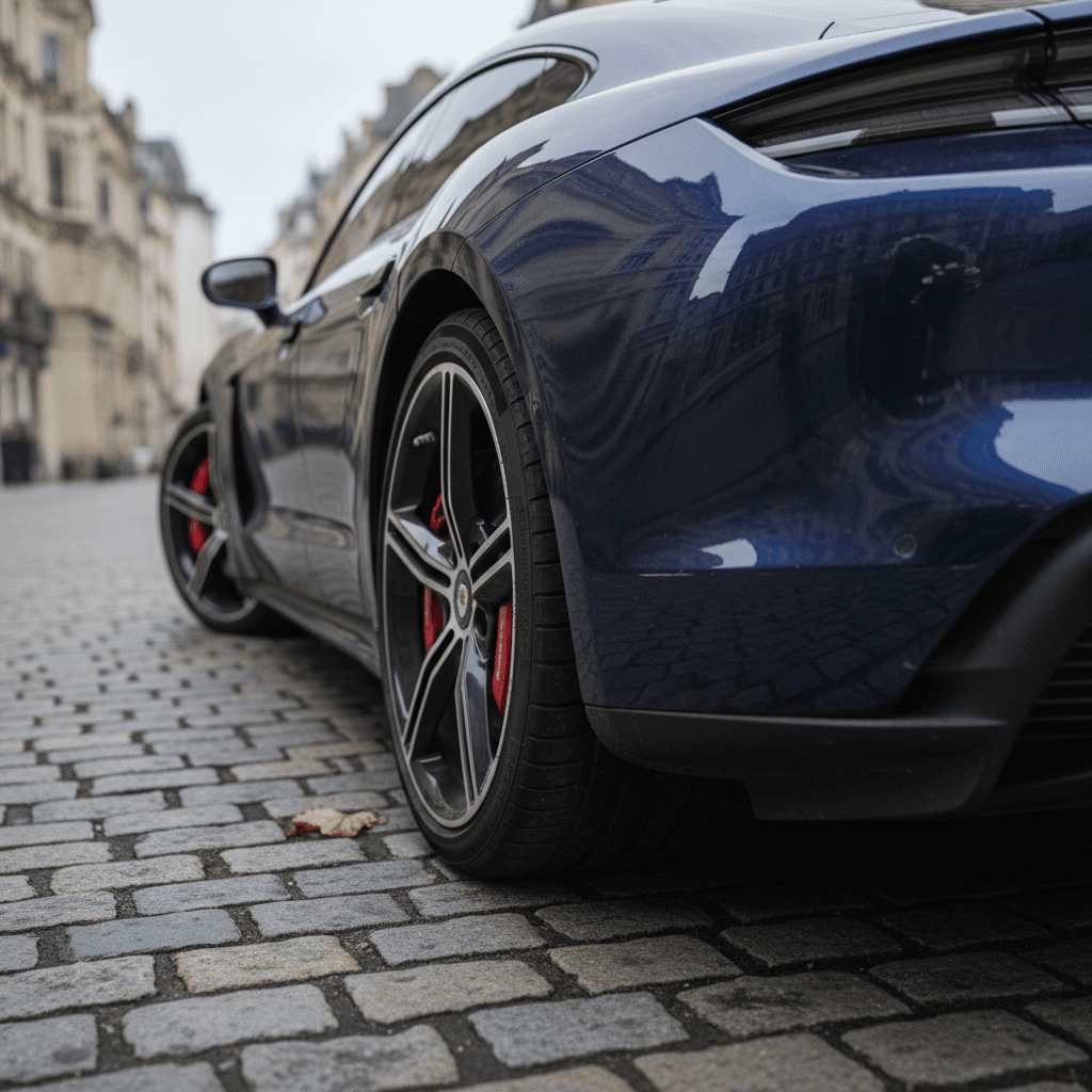 Porsche Taycan Turbo GT electric sports sedan cornering hard on a racetrack