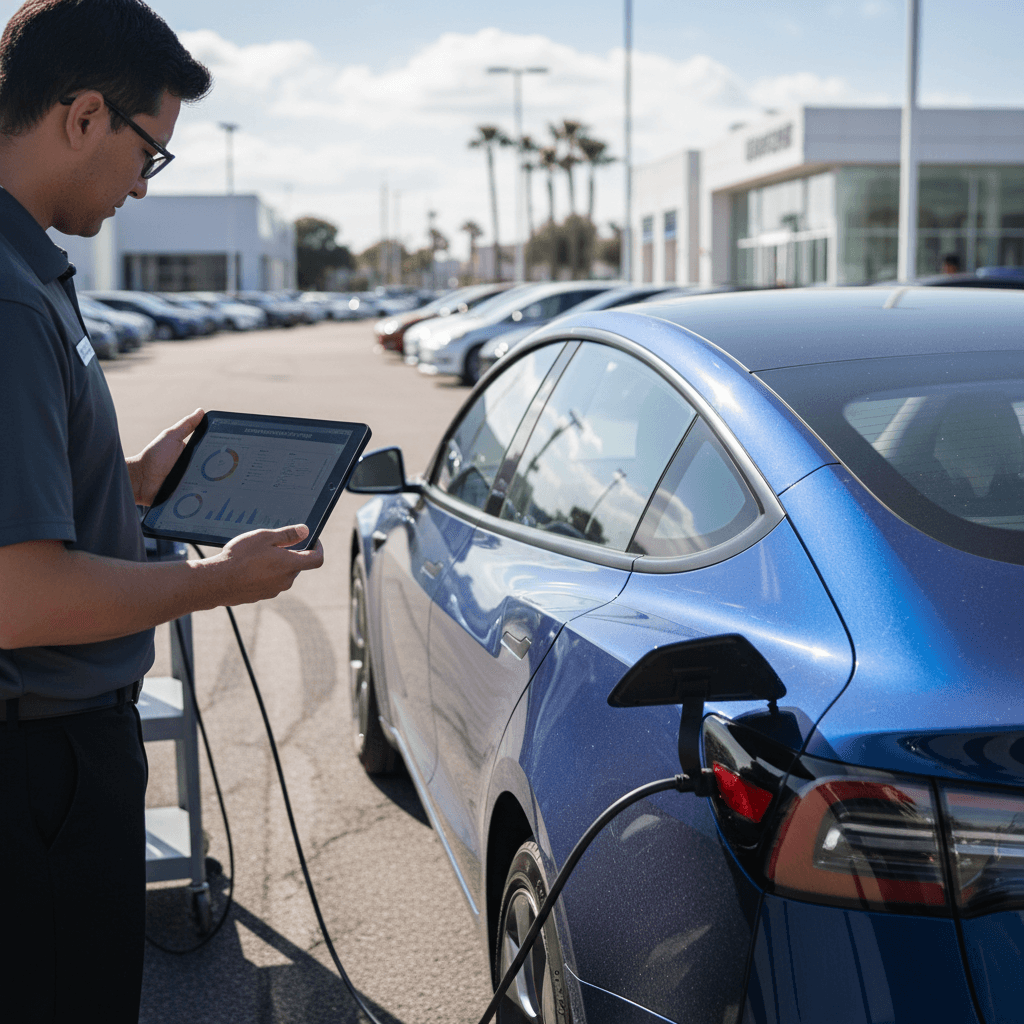 Salesperson reviewing a battery health report on a tablet next to a Tesla Model 3