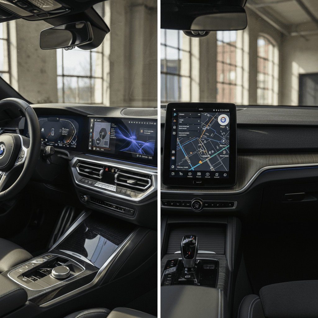 Side-by-side view of BMW i4 and Polestar 2 interiors highlighting screens, seating and minimalist premium materials