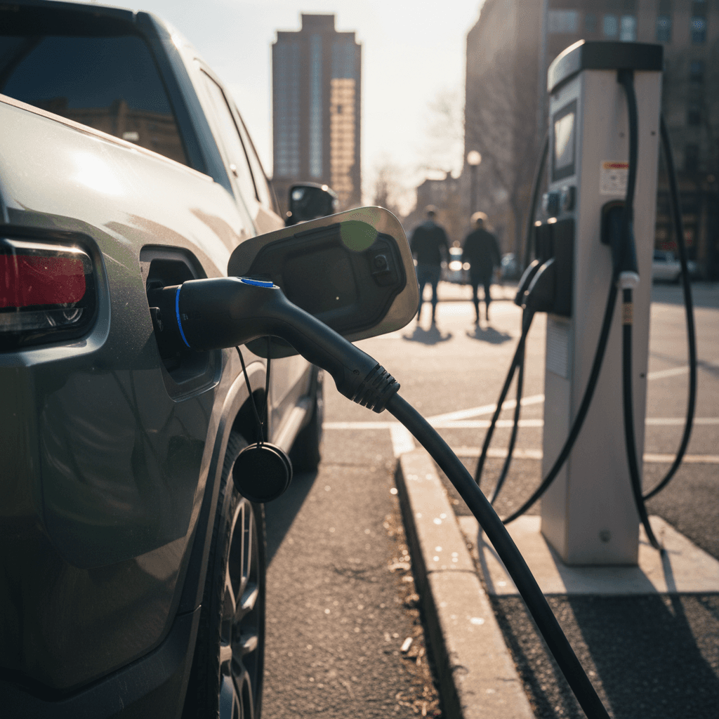 Rivian R1T plugged into a public DC fast charger, showing charging status on the center screen