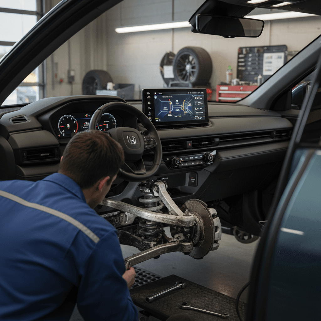 Technician inspecting the 2024 Honda Prologue front suspension on a lift during recall service