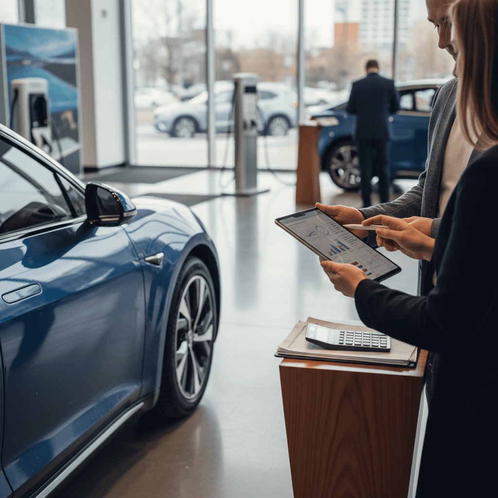 Salesperson and customer reviewing an early lease buyout quote next to a used electric car in a showroom