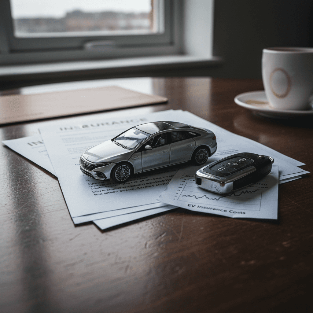 Car insurance paperwork, keys, and a scale model of a Mercedes EQS EV sedan on a desk