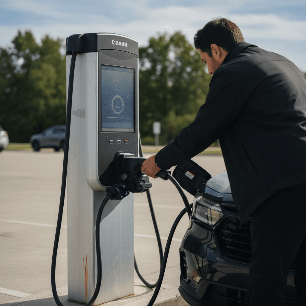 Driver using a CCS DC fast charger with a Honda Prologue, showing charging speed on station screen