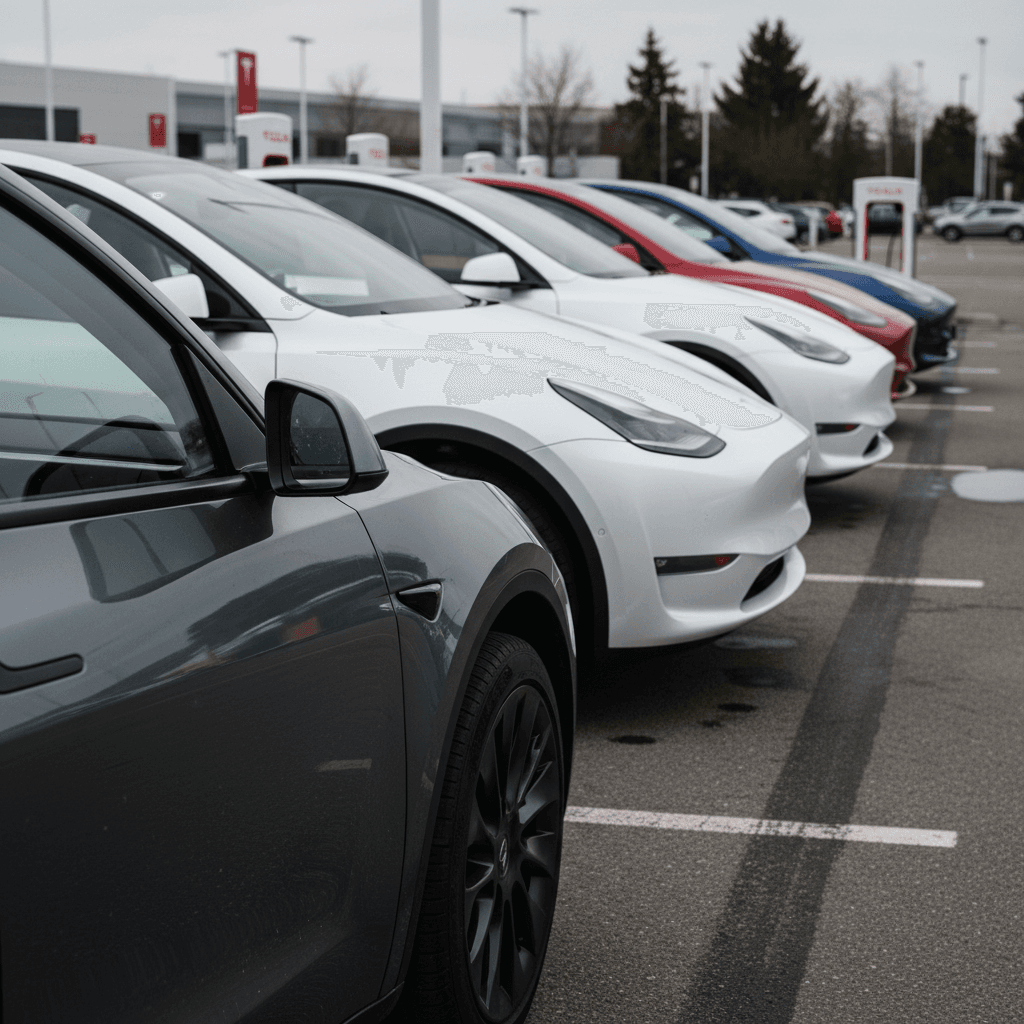 Lineup of Tesla Model Y SUVs in gray, silver, white, red and blue at a dealership lot