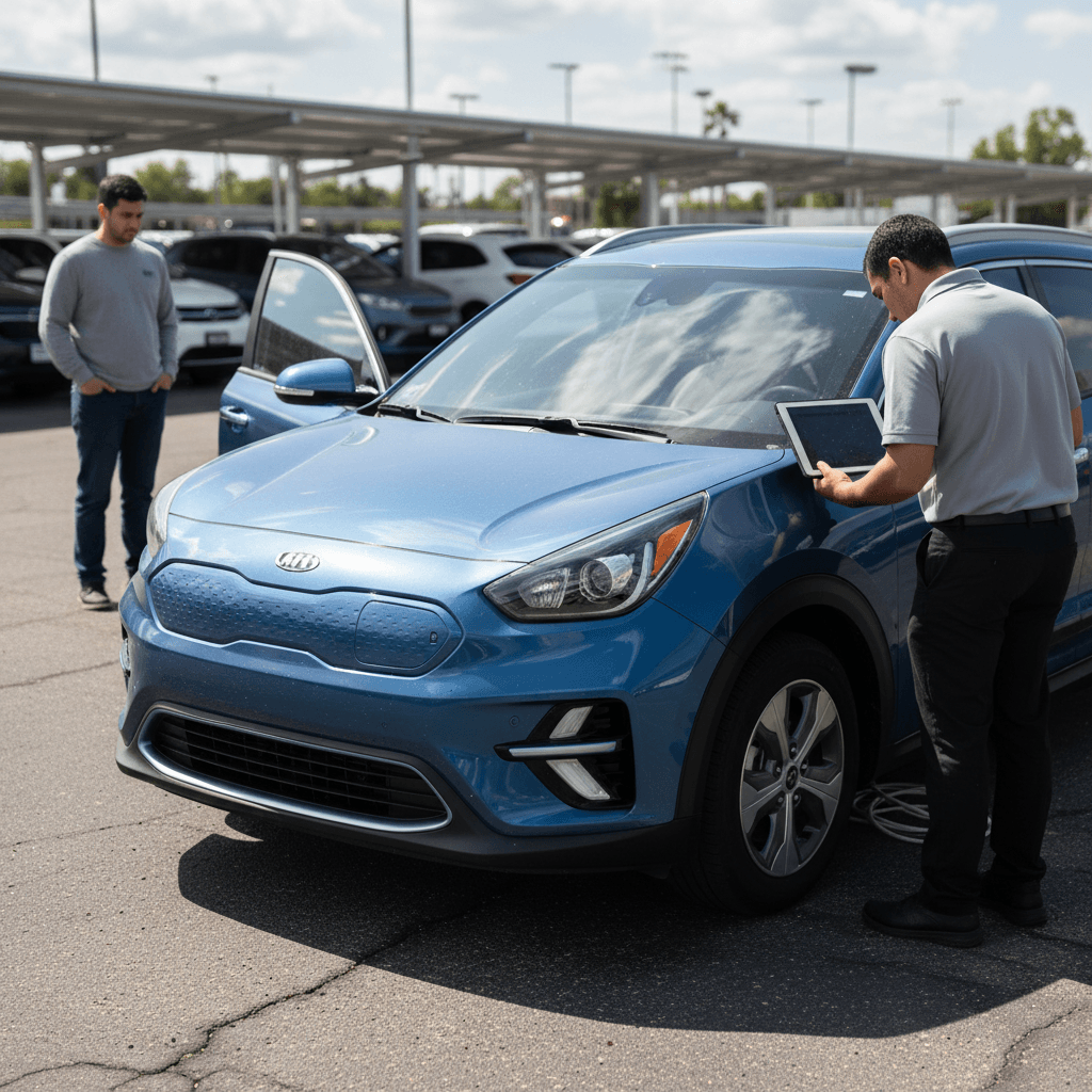Appraiser checking a 2023 Kia Niro EV at a dealership lot