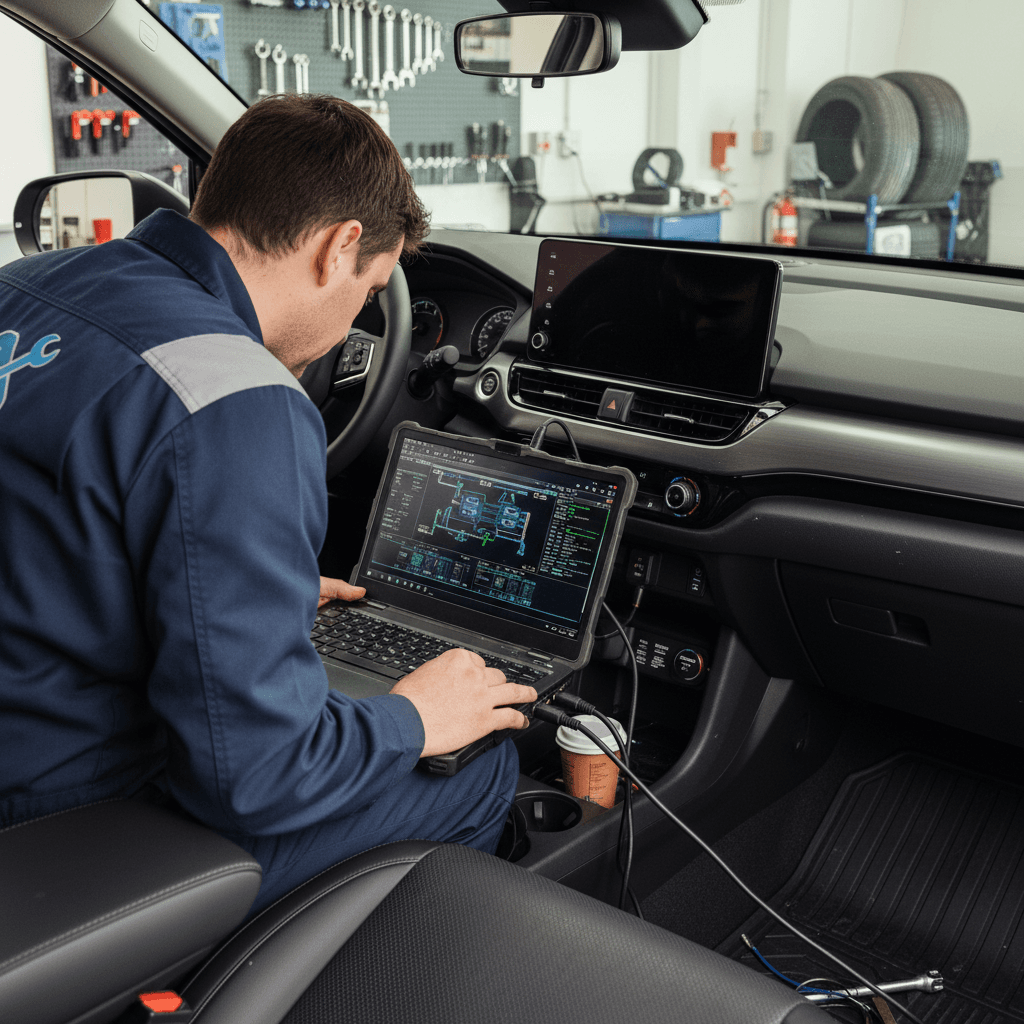 Honda technician performing software recall on a Prologue with blank screens while connected to a diagnostic laptop