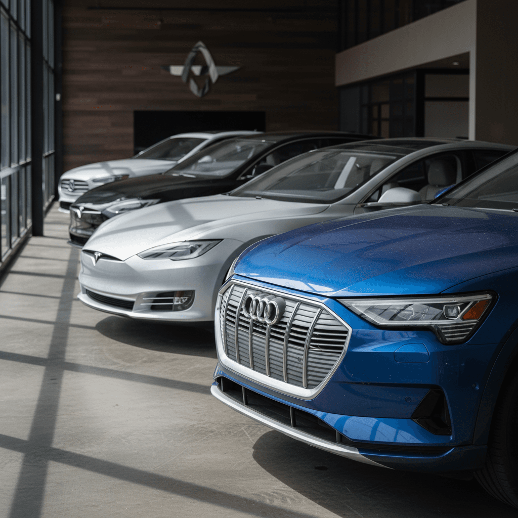 Lineup of used luxury electric SUVs and sedans parked in a clean showroom-style setting