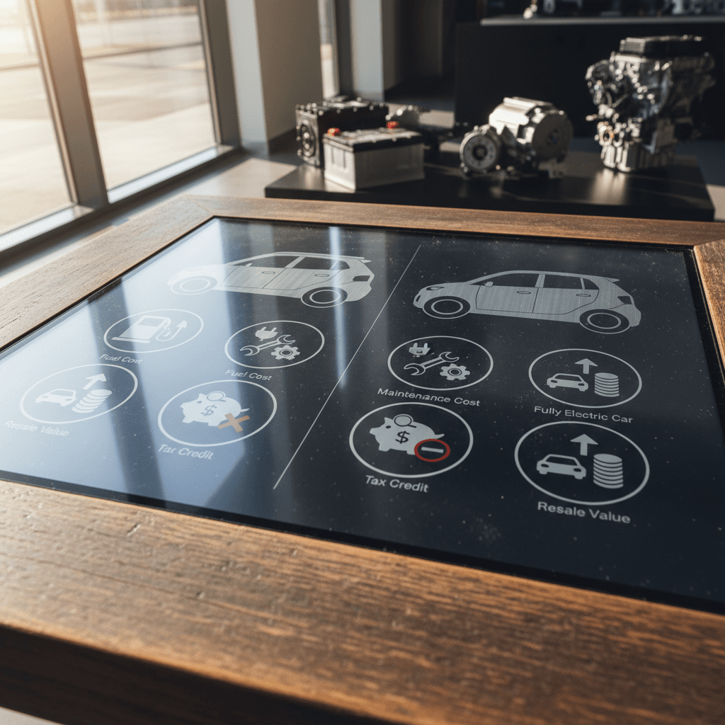 Illustrated comparison of plug-in hybrid versus electric vehicle total cost categories including energy, maintenance, and resale value