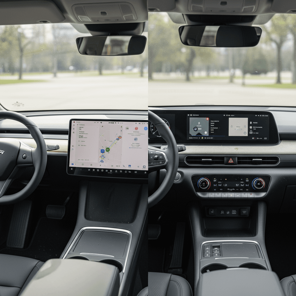 Side by side comparison of Tesla Model Y and Hyundai Ioniq 5 interiors highlighting cabin space and seating