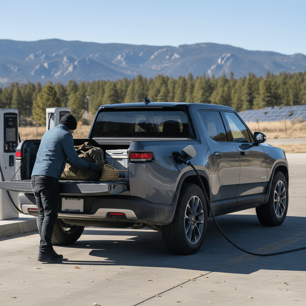 2024 Rivian R1T parked at a public DC fast charger with the driver loading camping gear into the bed