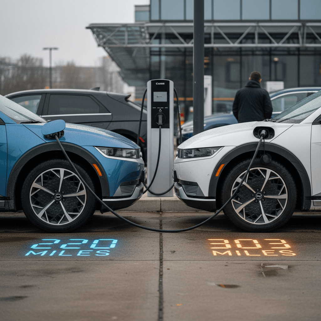 Hyundai IONIQ 5 Standard Range and Long Range models charging side by side at a fast charging station