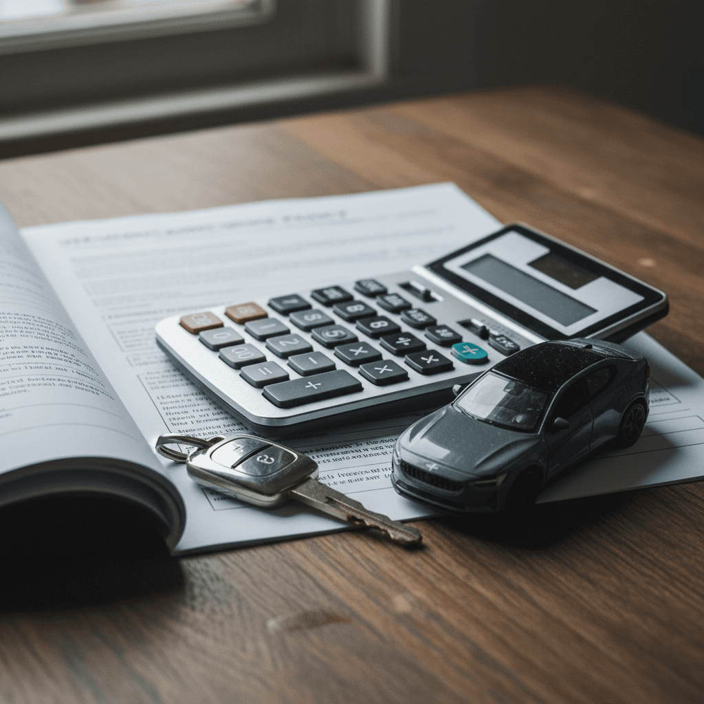 Insurance paperwork and a calculator next to keys for a Polestar 2, illustrating ownership costs beyond the purchase price.