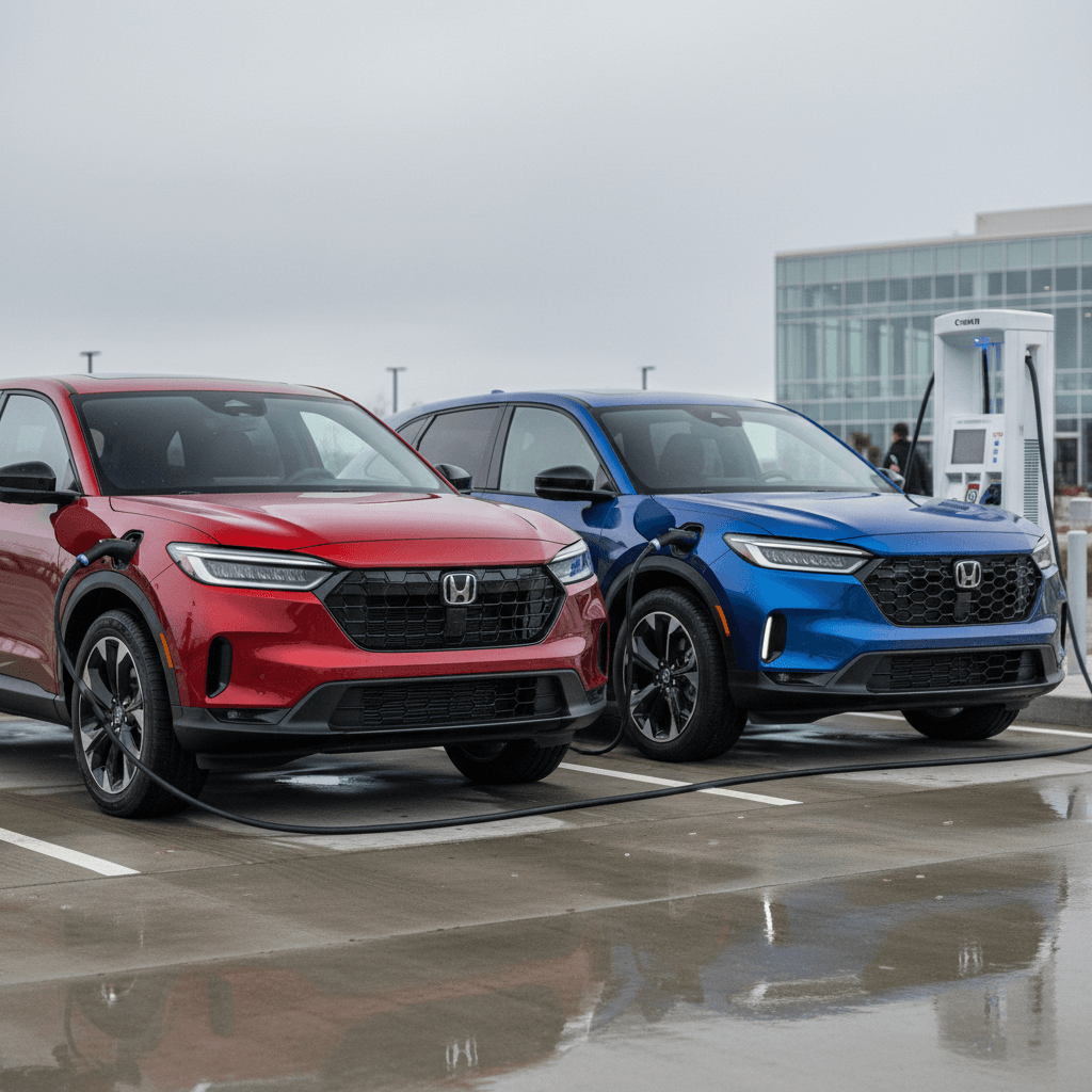 Side-by-side 2024 and 2025 Honda Prologue electric SUVs plugged into DC fast chargers at a modern station