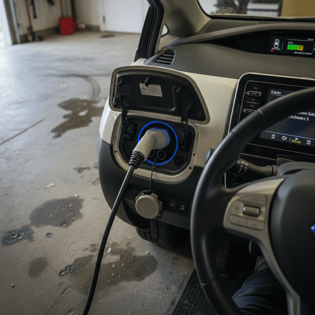 Close-up of a Nissan Leaf charging port with the dashboard battery gauge visible through the windshield