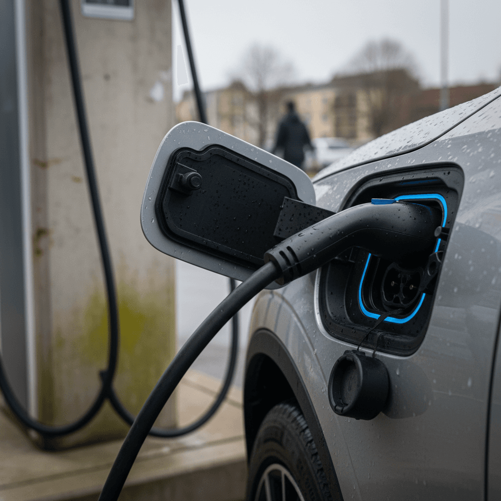Polestar 2 electric car plugged in and charging, close-up of charge port and cable