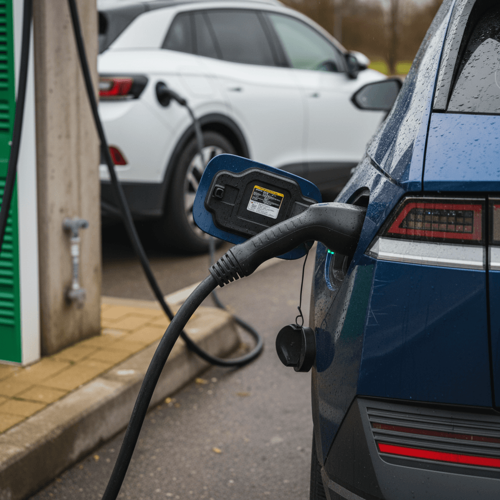Used electric SUV plugged into a public DC fast charging station, illustrating real-world charging for Ioniq 5 and ID.4 shoppers