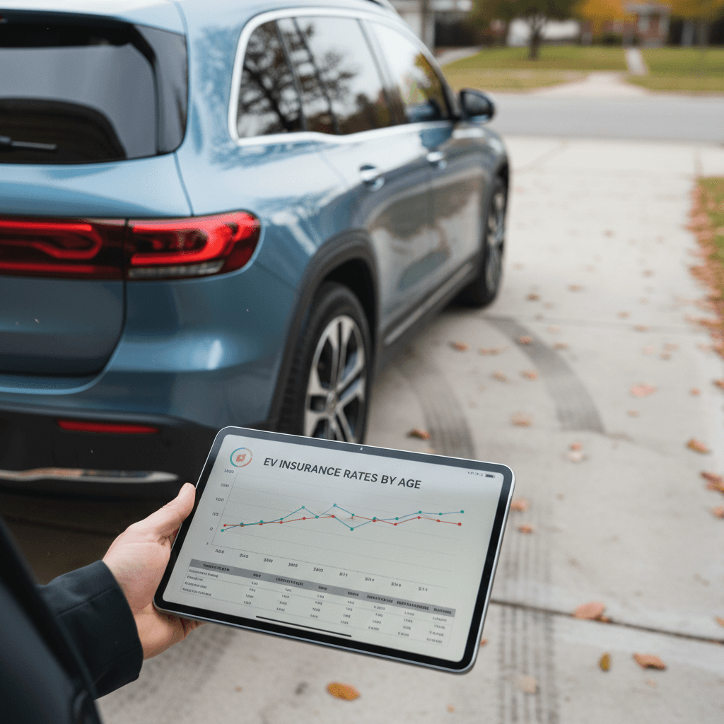 Insurance agent reviewing Mercedes EQB insurance options with an owner next to the SUV in a suburban driveway